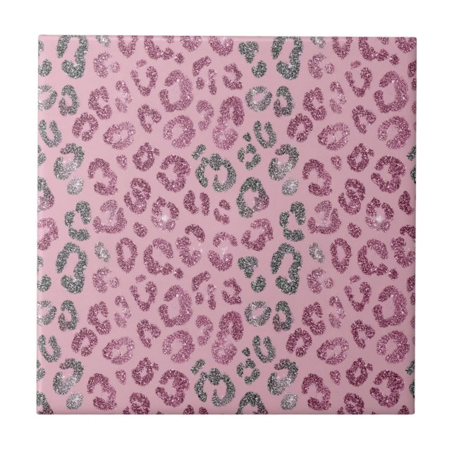 Elegant Pink Silver Glitter Leopard on Rose Gold Kakelplatta (Framsidan)