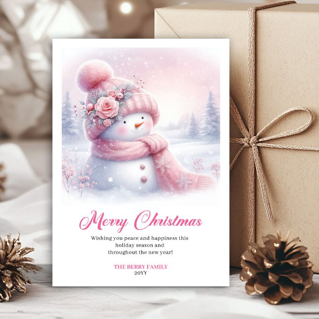Elegant Pink Snowman Editable Kids Christmas Cards Julkort (Elegant Pink Snowman Editable Kids Christmas Greeting Card

)