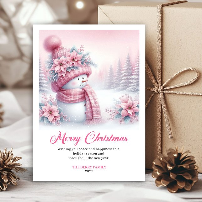 Elegant Pink Snowman Kids Editable Christmas Card Julkort (Sparkly pink coquette snowman kids card, editable)