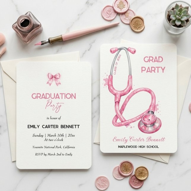 Elegant Pink Stethoscope Nurse Doctor Graduation Inbjudningar (Skapare uppladdad)