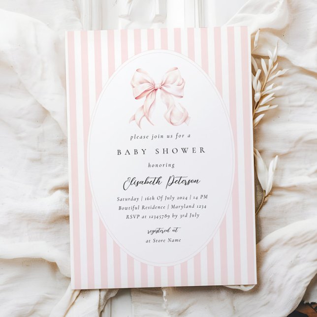 Elegant Pink Stripes Bow Baby Shower Baby Shower Inbjudningar (Skapare uppladdad)