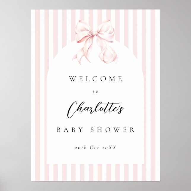 Elegant Pink Stripes Bow Baby Shower Baby Shower Poster (Framsidan)