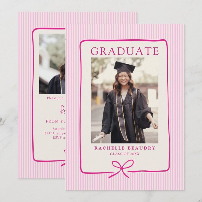 Elegant Pink Stripes Bow Frame Graduation Party Inbjudningar (Fram/baksida)