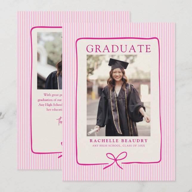 Elegant Pink Stripes Bow Frame Graduation Photo  Meddelande (Fram/baksida)