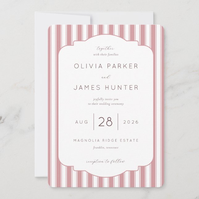 Elegant Pink Stripes Wedding Invitation Inbjudningar (Framsida)