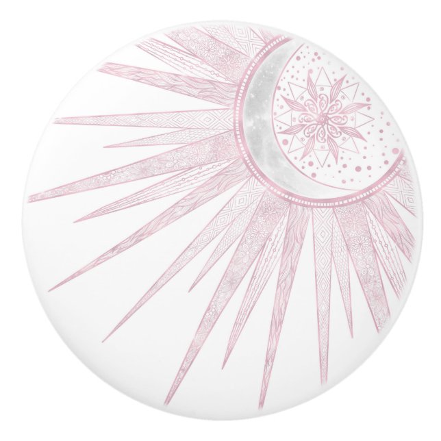 Elegant Pink Sun Moon Doodle Mandala White Design Knopp (Framsidan)