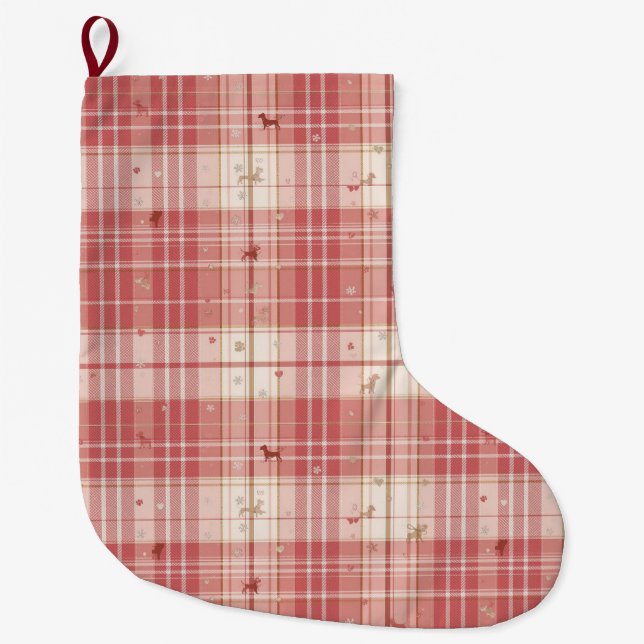 Elegant Pink Tartan Dog Christmas Stocking | Blush Stor Julstrumpa (Framsidan)