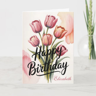 Elegant Pink Tulip Floral Birthday Kort