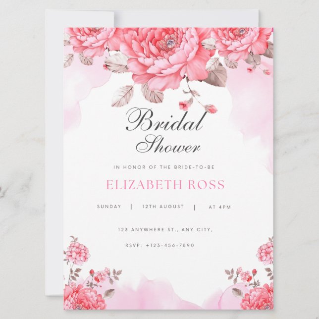 Elegant Pink Watercolor Bridal Shower Invitation (Framsida)