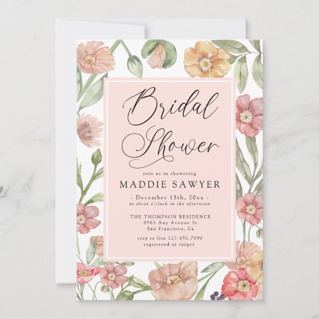 Elegant Pink Watercolor Floral Bridal Shower Inbjudningar (Framsida)