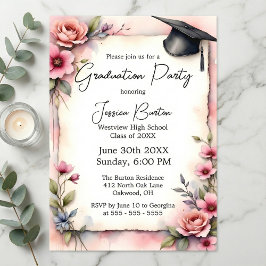 Elegant Pink Watercolor Floral Roses Graduation Inbjudningar
