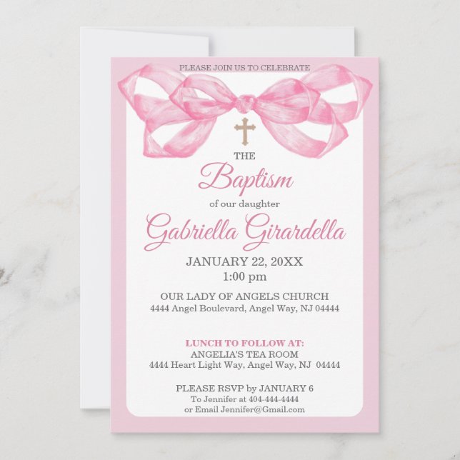 Elegant Pink Watercolor Ribbon Bow Baptism Inbjudningar (Framsida)