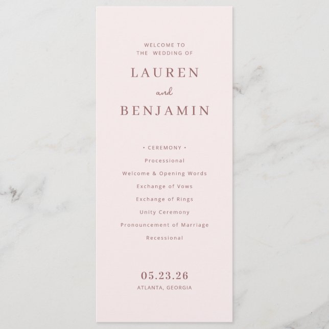 Elegant Pink Wedding Ceremony Outline Program (Framsida)