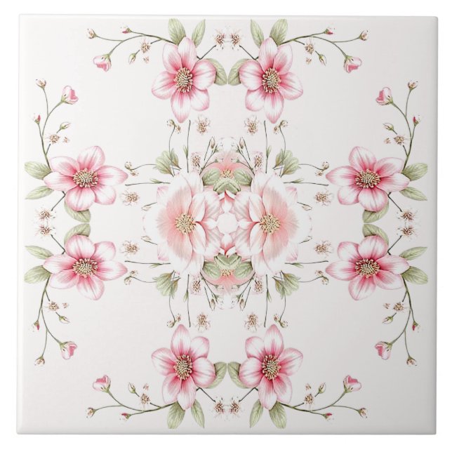 Elegant Pink White Floral Ceramic Tile Kakelplatta (Framsidan)