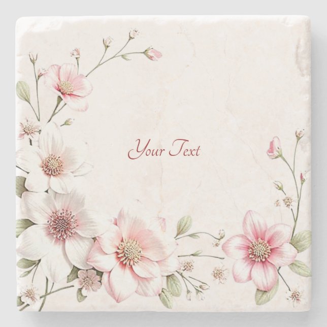 Elegant Pink White Floral Stone Coaster Stenunderlägg (Framsidan)