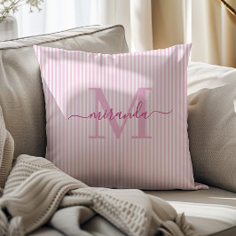 Elegant Pink & White Stripes Monogram Name Kudde