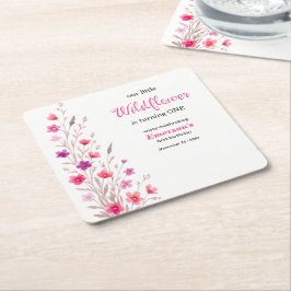 Elegant Pink  Wildflower 1st Birthday Party Underlägg Papper Kvadrat