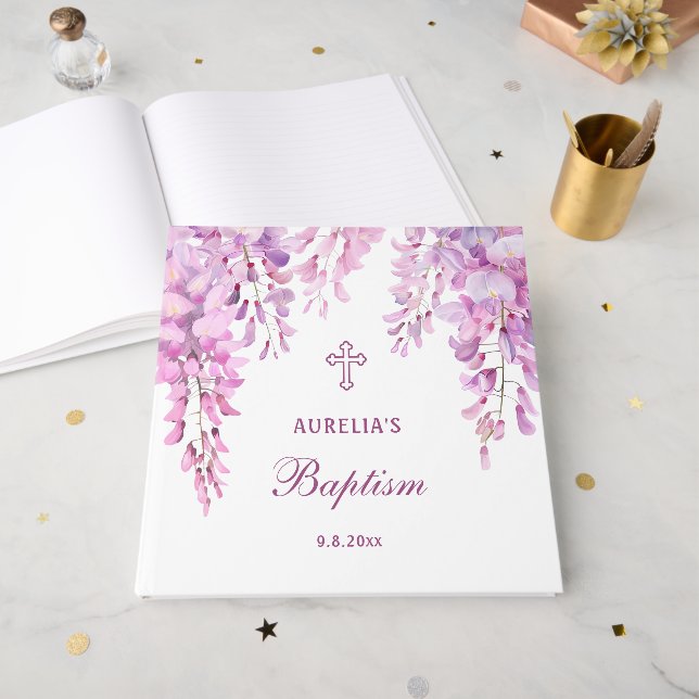 Elegant Pink Wisteria Baptism Guest Book Gästböcker (Framsidan öppen)