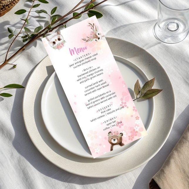 Elegant Pink  Woodland Baby Shower Menu Card Meny (Skapare uppladdad)