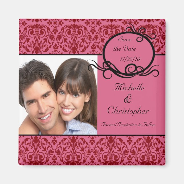 Elegant Pinks Damask Photo Spara datum magneter (Framsidan)