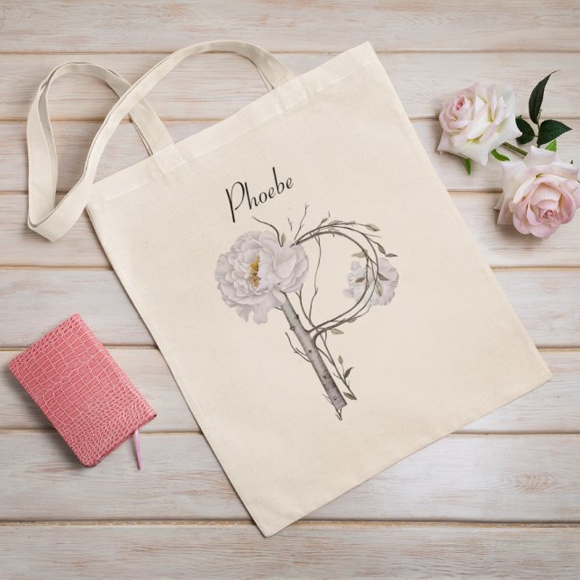 Elegant Pionblomma Floral Monogram P Skräddarsydd  Tygkasse (Skapare uppladdad)
