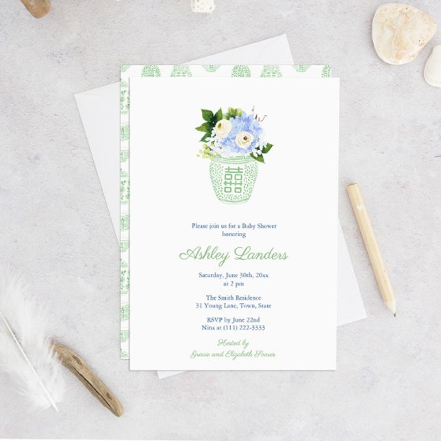 Elegant Pistachio White Gender Neutral Baby Shower Inbjudningar (Gender Neutral Green And White Watercolor Floral Baby Shower Invitation)