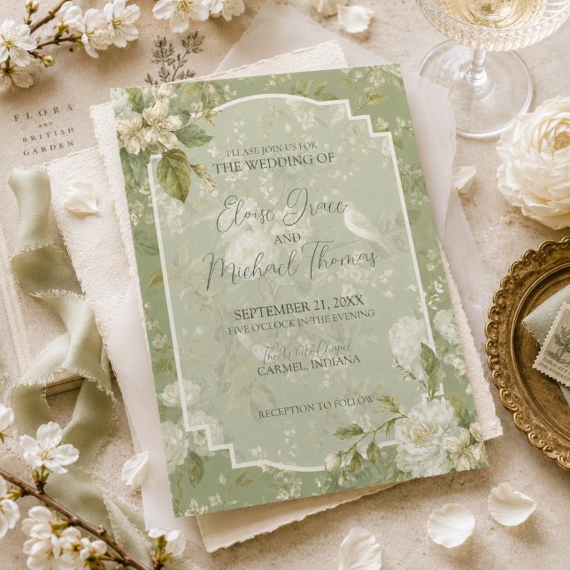 Elegant Pistagegrön Blommig Fågel Trädgård Bröllop Inbjudningar (Elegant Pistachio Green Floral Bird Garden Wedding Invitation)