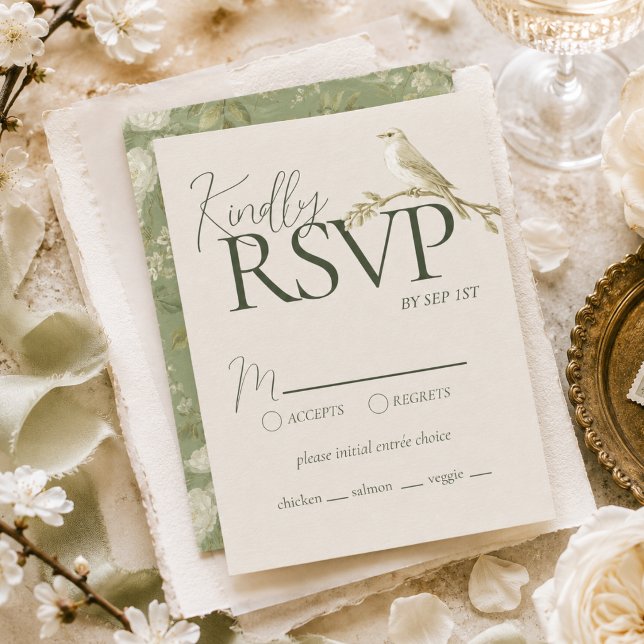Elegant Pistagegrön Blommig Trädgårdsbröllop OSA Kort (Elegant Pistachio Green Floral Garden Wedding RSVP Card)