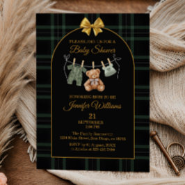 Elegant Plaid Bebis Bjudan Guld Bow Teddybjörn Inbjudningar