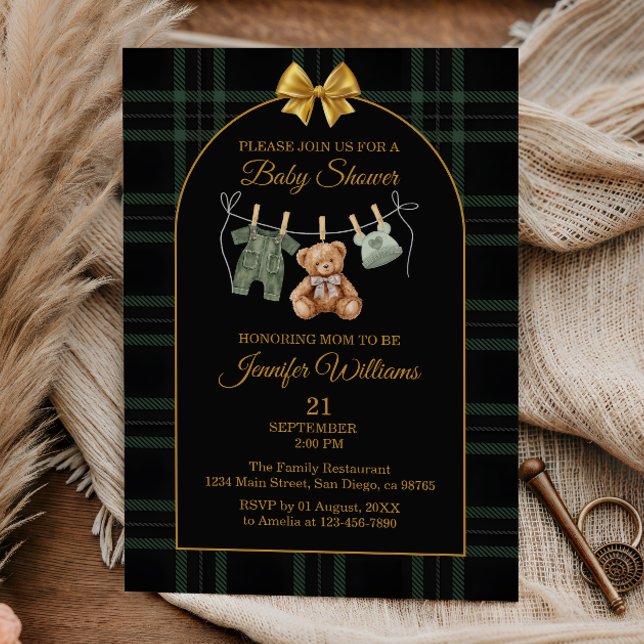 Elegant Plaid Bebis Bjudan Guld Bow Teddybjörn Inbjudningar (Skapare uppladdad)