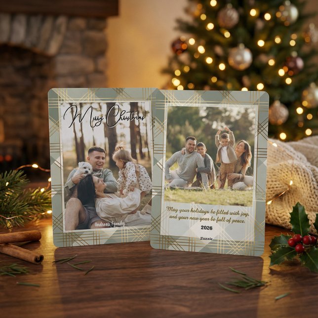 Elegant Plaid Christmas Card with Family Photo Julkort (Skapare uppladdad)