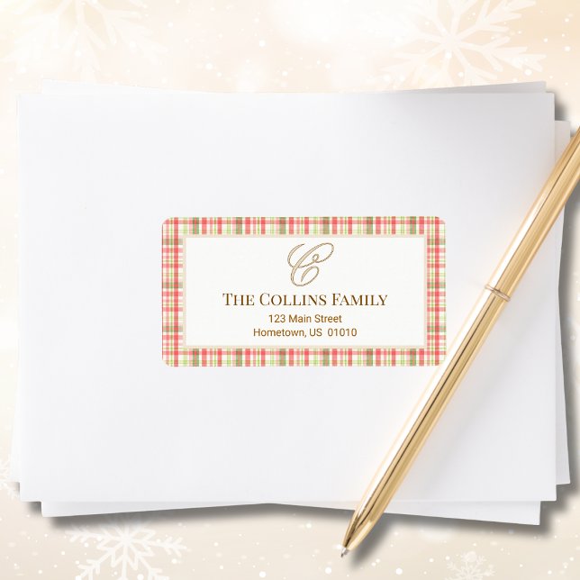 Elegant Plaid Julgräns Monogram Adress Adressetikett (Christmas Plaid Monogram  Address Label)