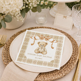Elegant Plaid Teddybjörn Neutral Babyfirande Pappersservett
