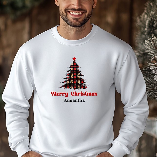 Elegant Plaid Träd Jul Sweatshirt Mysig Stil (Elegant Plaid Tree Christmas Sweatshirt Cozy Style)