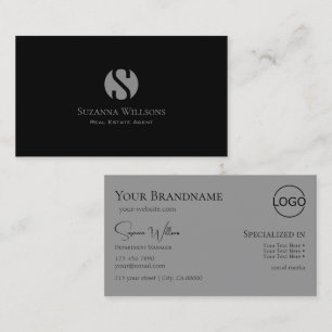 Elegant Plain Black Grått med Monogram och Logotyp Visitkort
