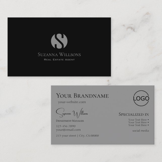 Elegant Plain Black Grått med Monogram och Logotyp Visitkort (Fram/baksida)