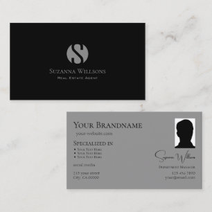 Elegant Plain Black Grått med Monogram och Photo Visitkort