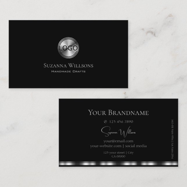 Elegant Plain Black och Silver med Logotyp Snyggt Visitkort (Fram/baksida)