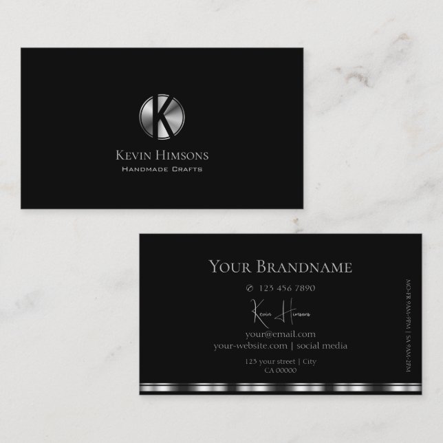 Elegant Plain Black och Silver med Monogram Chic Visitkort (Fram/baksida)