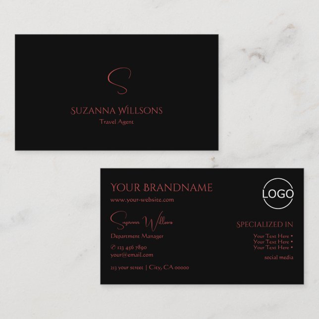Elegant Plain Black Red med Monogram och Logotyp Visitkort (Fram/baksida)