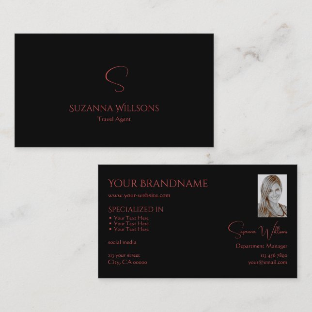 Elegant Plain Black Red med Monogram och Photo Visitkort (Fram/baksida)