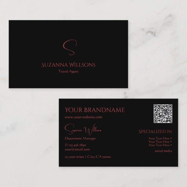 Elegant Plain Black Red med Monogram och QR-kod Visitkort (Fram/baksida)