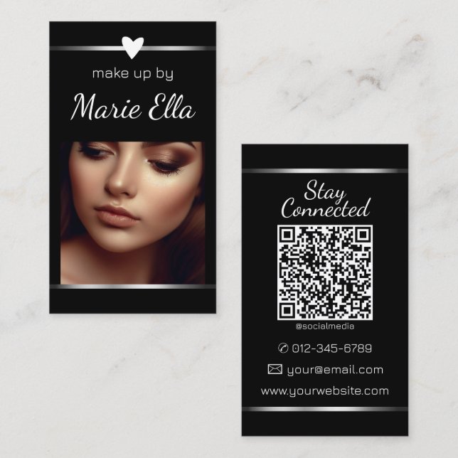 Elegant Plain Black Silver Heart Photo and QR Code Visitkort (Fram/baksida)