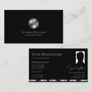 Elegant Plain Black Silver med Logotyp och foto Visitkort
