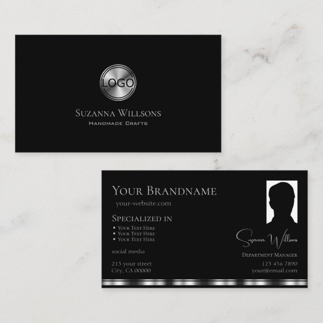 Elegant Plain Black Silver med Logotyp och foto Visitkort (Fram/baksida)
