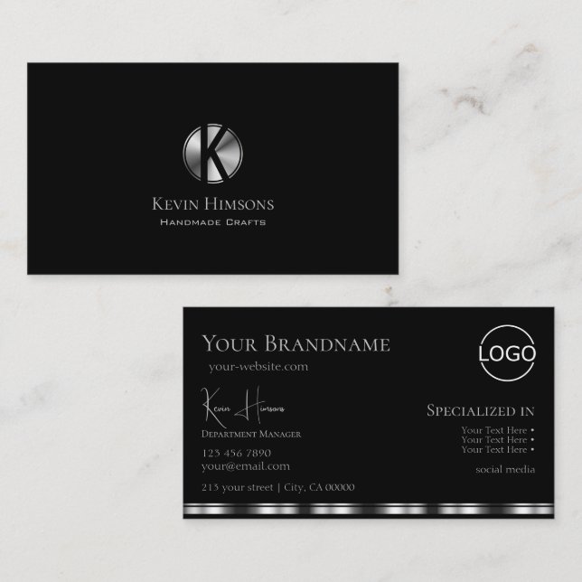 Elegant Plain Black Silver med Monogram och Logoty Visitkort (Fram/baksida)