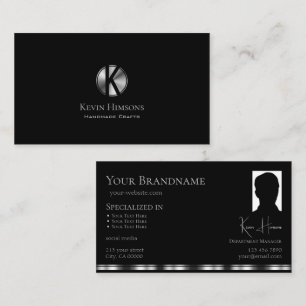 Elegant Plain Black Silver med Monogram och Photo Visitkort