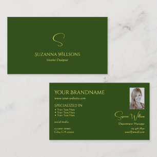 Elegant Plain Forest Grönt med Monogram och Photo Visitkort