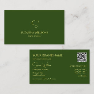 Elegant Plain Forest Grönt med Monogram QR-kod Visitkort