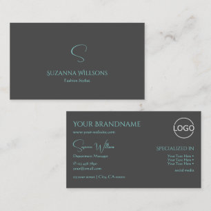 Elegant Plain Grått Teal med Monogram och Logotyp Visitkort